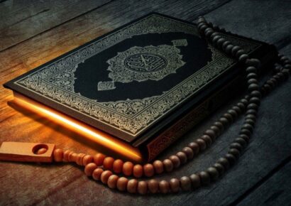 beautiful lighted Quran with tasbeeh