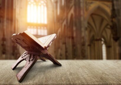 Quran holy book of Muslims On wooden placemat in the mosque